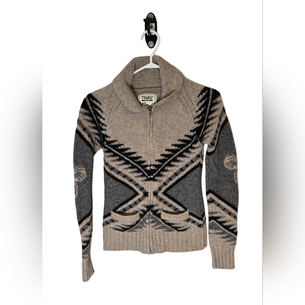 TNA Lambswool Zip Cowichan Sweater Jacket Aritzia Logo Knit‎ Shawl Collar Size S